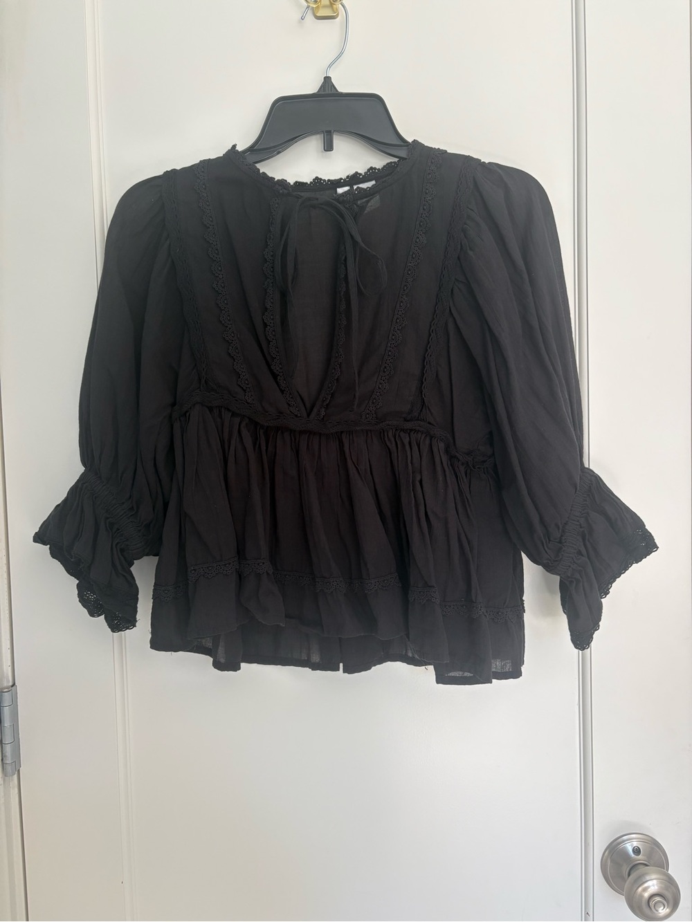 H&M Black Peasant Tie-Front Lace Blouse - NEVER WORN